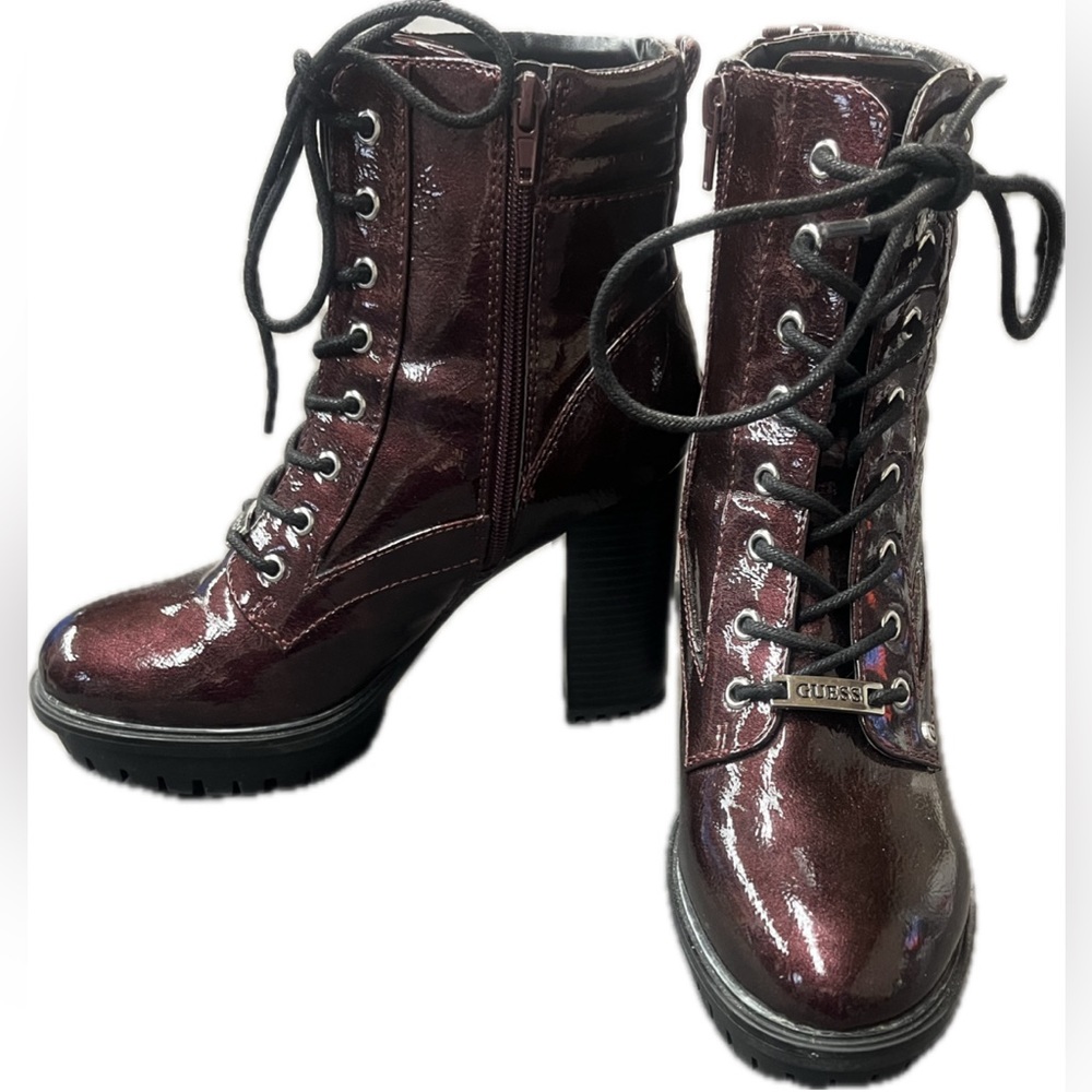 GUESS Manners Platform Combat Boots Cranberry Shine Size 8 Zipper Lace-up Vegan